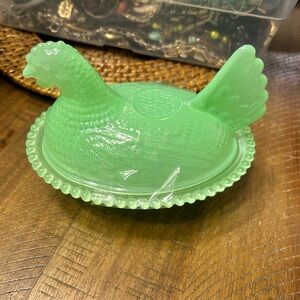 Green Glass Hen Covered Dish